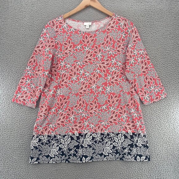 J Jill Top Womens Large Pink Leaf Floral 3/4 Sleeve Tunic Stretch Knit Pullover - Picture 1 of 10